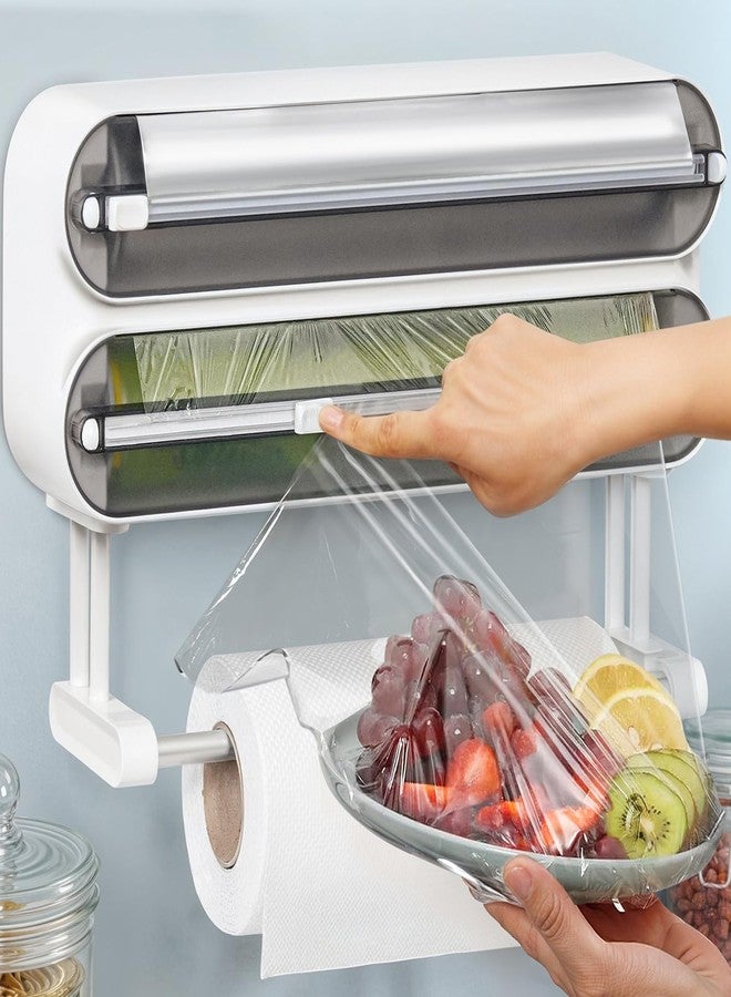 ABOUT SPACE موزع غلاف مغناطيسي مع قاطع من ABOUT SPACE - حامل غلاف مثبت على الحائط 4 في 1 مع قاطع وحامل تخزين لفافة مناديل المطبخ، موزع غلاف بلاستيكي/لاصق - شفاف (الطول 35.5 × العرض 8 × الارتفاع 21 سم) - Image 1